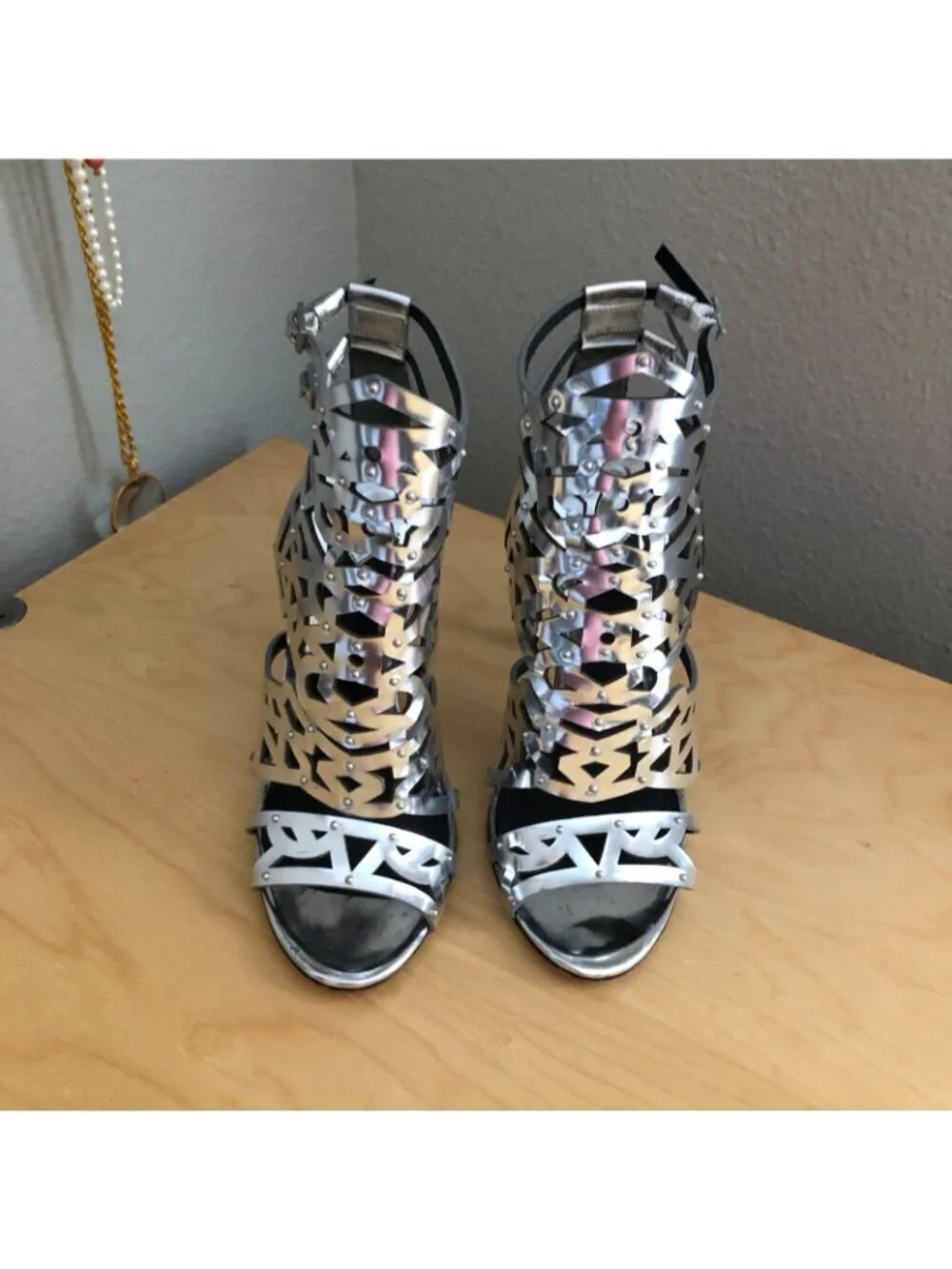 Brian Atwood Laconica Silver Heeled Sandals Women's size 8 EU 38.5 Ankle Strap